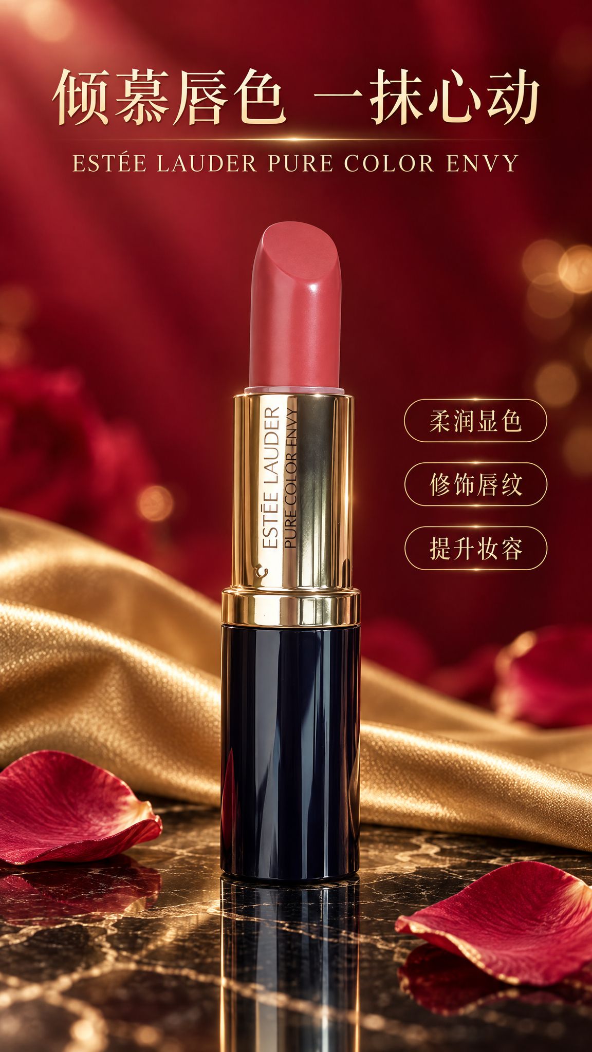 高端奢华美妆口红海报，红金配色，弱化促销感，强化精致美妆质感。… - 图片创意预览