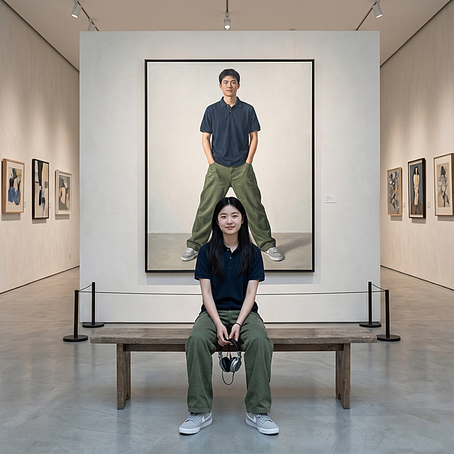 现代极简艺术展厅场景。浅白墙面搭配冷灰色水泥地面，轨道射灯营造柔和均匀的布光。展厅中央，一位清冷气质的18岁东亚年轻女生端坐于长木凳上，她留着黑长直发型，身穿商务款polo衫，下身搭配图中参考的军绿色牛仔裤，脚踩浅灰色耐克板鞋，双手自然搭在腿上，手中垂着一副银色头戴式耳机，面带浅笑，直视镜头，神态平静松弛。她身后是一幅等身大正方形的男性写实油画，画中人物穿着同款polo衫，下身搭配同款军绿色牛仔裤，双手插兜，与女生形成呼应式穿搭。展厅两侧墙面挂有小幅艺术画作，地面设有黑色隔离立柱，整体氛围清冷高级，兼具艺术感与穿搭展示性，光线柔和且层次分明，突出人物与画作的互动感。