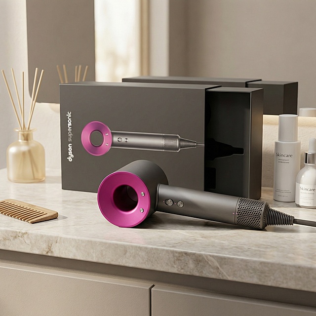 严格还原戴森吹风机产品细节，包括包装设计、颜色、LOGO 位置、文字内容、图案元素等，产品外观与正品完全一致，不改变包装设计、配色方案或品牌元素，保持哑光金属、磨砂绛紫撞色的真实质感，1:1 正方形构图，专业电商产品摄影，8K 超高清，专业商业级修图，色彩还原准确，细节清晰锐利，无过度修图，真实还原产品质感。场景为现代极简轻奢的浴室梳妆区，整体莫兰迪浅灰色调，天然大理石纹理台面，台面干净无杂物，吹风机自然摆放在台面上，绛紫 + 哑光深灰配色，展示风筒正面的中空无叶结构，产品位于画面视觉中心，居中对称式构图，留白合理营造高级感。台面搭配少量精致道具：淡金色瓶身透明玻璃无火香薰配白色藤条、一把原木色宽齿梳、两支极简白色护肤品瓶身，所有道具虚化处理仅作氛围衬托，不抢产品焦点。整体为柔和漫反射暖光加侧逆光补光，在金属哑光机身形成细腻光影层次，突出绛紫风筒通透光泽和金属机身磨砂质感，画面层次分明，主体突出，背景自然虚化，营造温馨舒适高品质居家生活氛围，契合戴森高端个护家电品牌调性，传递精致优雅生活方式，适合作为电商详情页首图。负面提示：画面杂乱，产品变形，配色失真，LOGO缺失，材质错误，背景花哨，道具抢镜，光线刺眼，模糊噪点，低分辨率，过度修图，卡通化，人物入镜，多余杂物，透视变形，色彩偏差，反光过度，阴影杂乱，构图失衡，文字乱入，水印，像素块，锐化过度，风格割裂，非1:1比例，产品比例失调，虚假质感