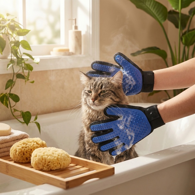 宠物清洁硅胶手套场景图，纯图无文案，展示主人用手套给猫咪洗澡的温馨场景，放在舒适的浴室环境，光影柔和自然，产品自然融入场景，保留手套蓝黑主体特征，氛围温馨治愈，比例1:1预览效果