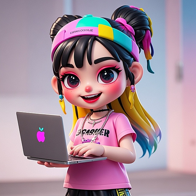 软3D风卡通少女，霓虹灯色系搭配科技感笔记本，梦幻潮流造型，虚拟现实风格，充满可爱与未来感。