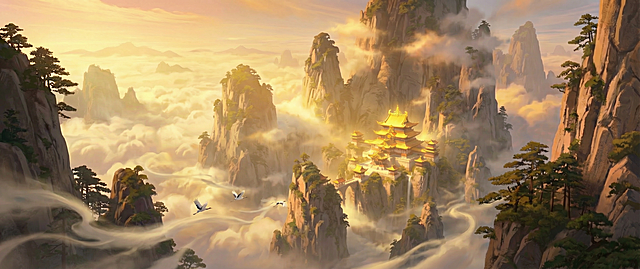 水墨风与鎏金风交融，云海缭绕的仙山之巅，金殿巍然耸立，鹤影翩跹，光影流动间尽显中式古典的梦幻与神圣，静谧中透出国潮气韵。