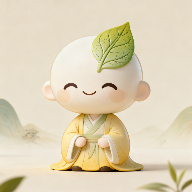 新中式茶品牌IP形象，简约国潮风格，可爱拟人化的茶叶造型，温润儒雅气质，暖色调，禅意茶文化氛围感，适合品牌logo预览效果