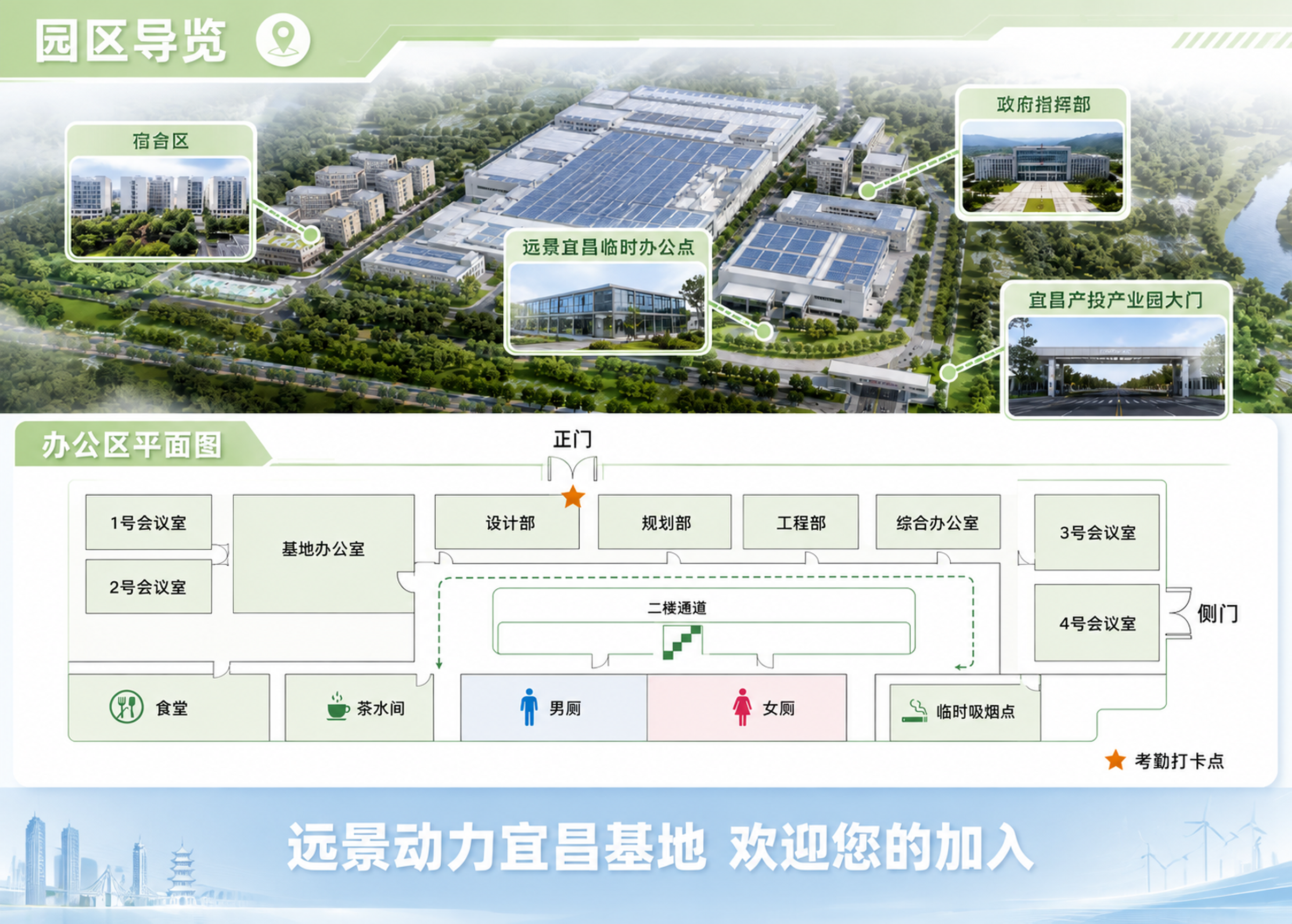 企业入职指南园区导览页，A5横版版式。页面顶部浅绿色清新标题栏… - 图片创意预览