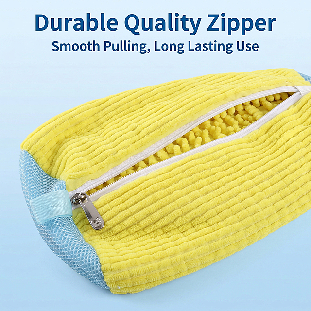 Based on the original product image, keep the yellow shoe washing bag appearance 100% unchanged. Close-up shows the high-quality smooth zipper detail, the zipper pull is clearly visible. Background light blue gradient, title "Durable Quality Zipper" at top, text "Smooth Pulling, Long Lasting Use" below, bold sans-serif English font, slice layout, product not cut, full screen background, keep original product shape color, European and American cross-border style.