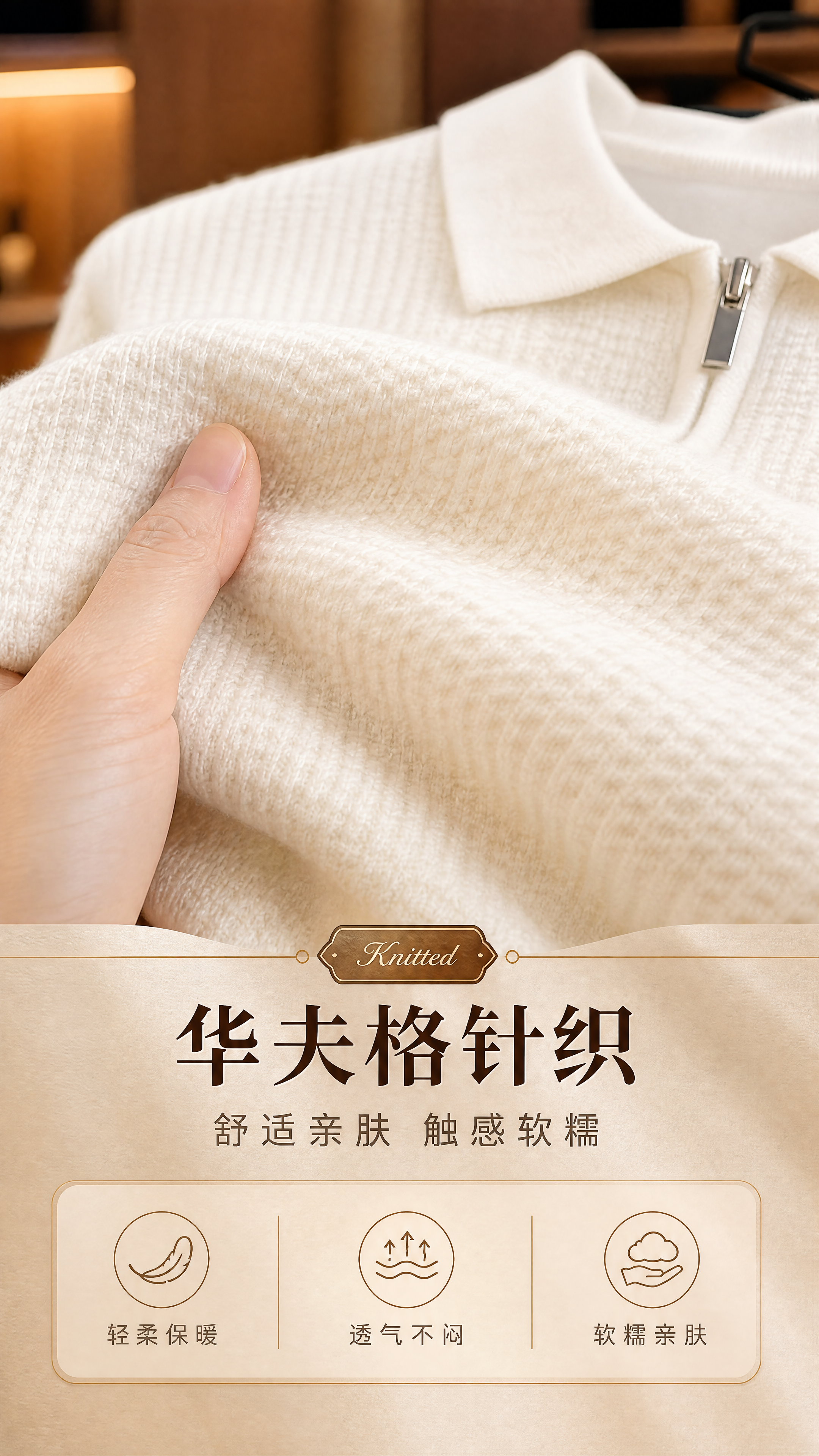 [商品] 使用【图5】白色男士半拉链翻领针织衫面料细节特写；保… - 图片创意预览