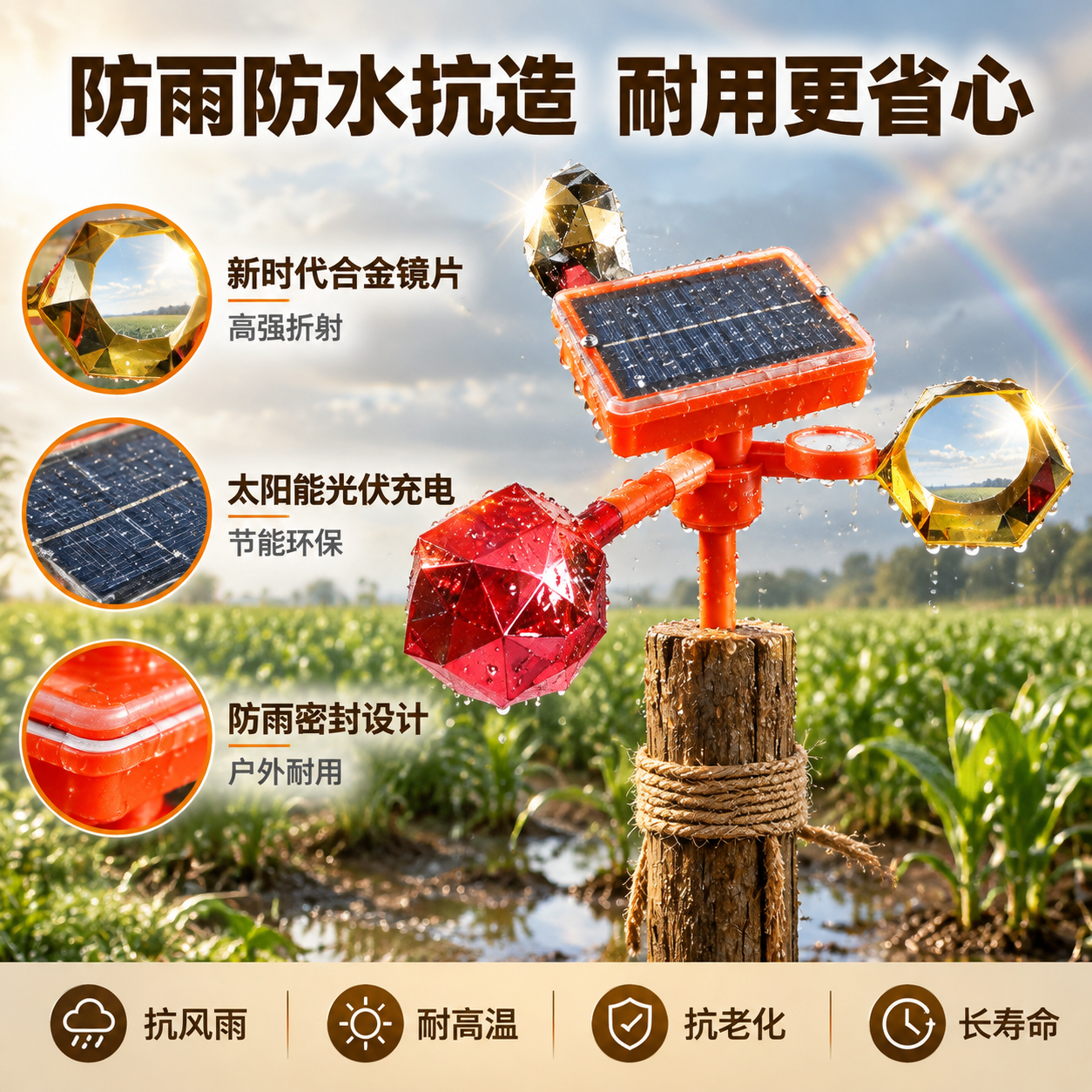 [主图-5] 材质工艺与耐用性图，主题为防雨防水抗造+合金镜片… - 图片创意预览