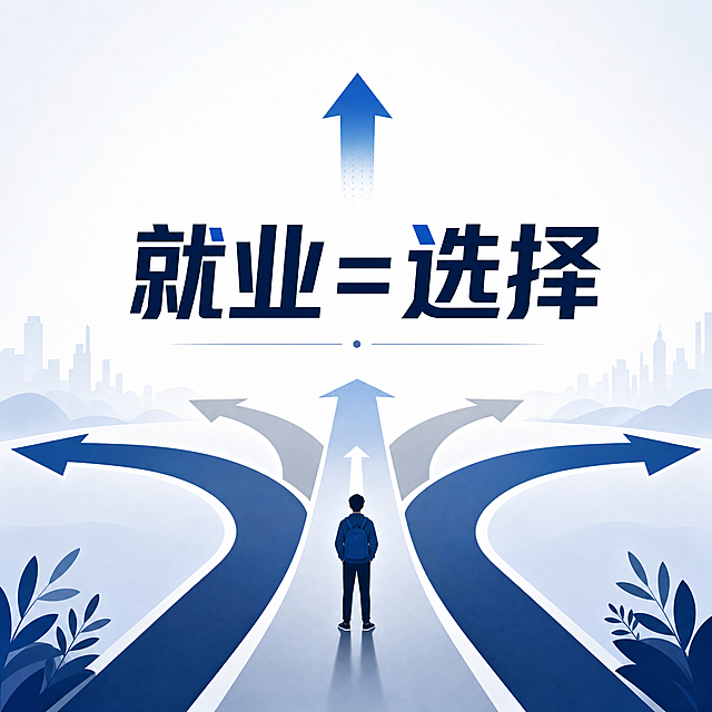 设计一张创意海报，画面中央展示清晰的文字"就业=选择"，简约设计风格，用箭头和多个分叉路口图形表现选择的概念，整体配色简洁专业，适合作为职业主题宣传图