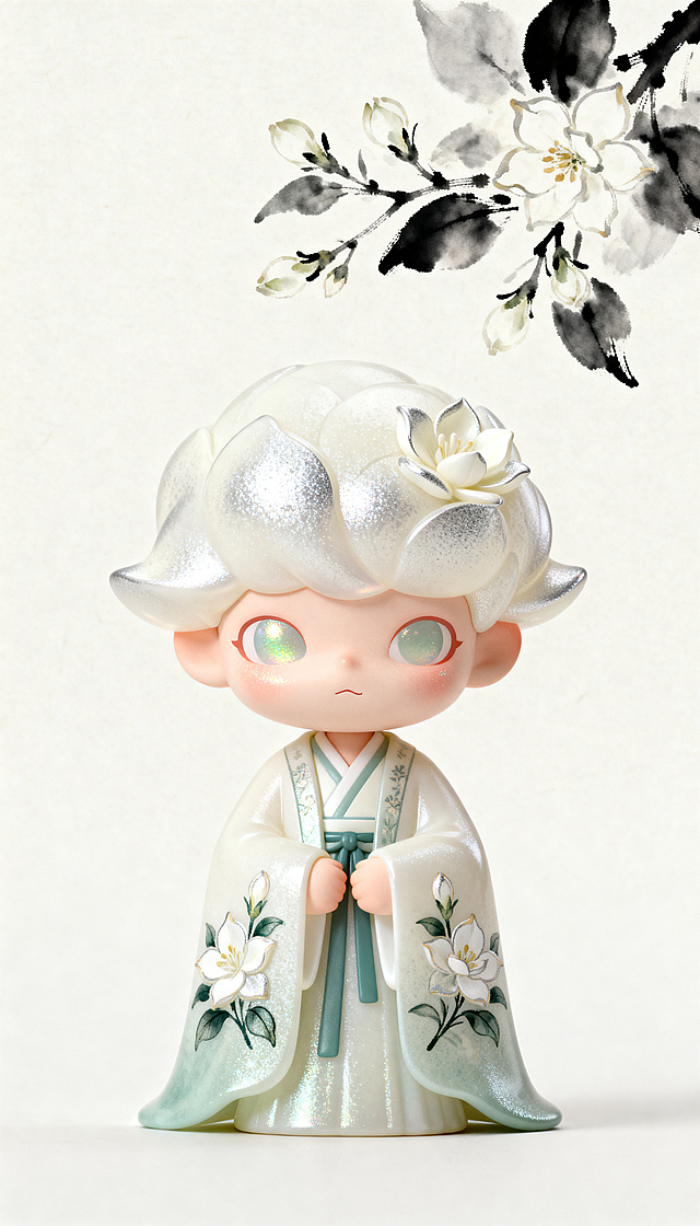 茉莉仙·清露款潮玩，泡泡马特风格，3D立体Q版可爱手办，哑光树脂材质，表面仿茉莉花瓣纹理，奶白色半透哑光质感，纹路处藏浅银细闪，触感略带细腻颗粒，花瓣纹路呈现层次阴影，面部颊边带有茉莉色反光，绢丝肌理面部染翠脂晕，全身造型，角色穿着绣有山茉莉团花的明制披风，背景为浅色，水墨晕染茉莉枝，极简主义，大面积留白，中式留白风格，超现实主义，OC渲染器渲染