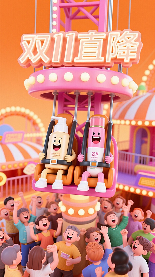 拟人化乳液和拟人化粉底液坐在跳楼机的双人座椅上（有安全带），开心尖叫的表情，跳楼机顶部写着发光字体“双11直降”。背景是霓虹发光的游乐场，高饱和色调。海报主色调为橘色和粉色，跳楼机下方有一堆游客在呐喊，俯拍视角