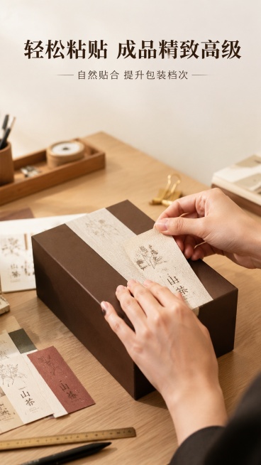 [第10屏] 真人使用展示，展示设计师手工粘贴贴纸到礼盒包装的操作场景。
[氛围/风格] 真实操作场景，自然生动，代入感强。
[元素布局] 画面主体为一双亚洲人的手，正在将布纹贴纸平整粘贴到高端礼盒表预览效果