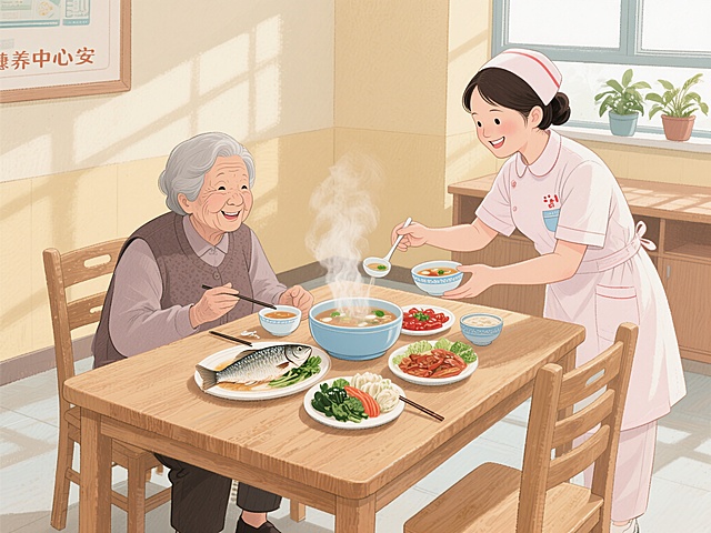 温馨治愈系插画，康养中心食堂墙绘。画面中央是一张原木餐桌，桌上有冒着热气的鸡汤、清蒸鱼、时令蔬菜，食物色彩柔和自然。一位面带微笑的女护理员正为一位慈祥的老奶奶盛汤，奶奶笑容满足。背景是温暖的米黄色墙壁，窗台有绿植。整体光线柔和温暖，光影斑驳，营造出安静、安心、如家庭聚餐般的温馨氛围。人物表情生动自然，笔触细腻。色调以暖米色、原木色、食物本色为主，点缀柔蓝色 红色和绿意。