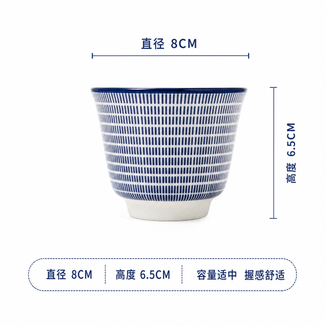 「图片1」，生成一套主图（8张「图片1」「图片1」），适配淘宝/天猫平台，主图比例为1:1日式寿司茶杯水杯日韩料理火锅餐厅和风陶瓷杯子居酒屋酒店饮料杯直径尺寸8CM高6.5CM预览效果