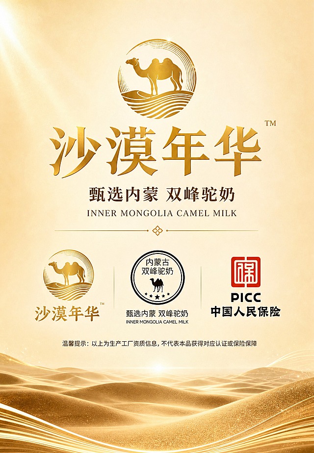 品牌资质认证展示海报，高端驼奶品牌主视觉。画面顶部居中放置金色骆驼圆形logo，logo下方是主标题"沙漠年华"四个金色大字，字体大气稳重。主标题下方是副标题"甄选内蒙 双峰驼奶"，再下方小字"INNER MONGOLIA CAMEL MILK"。画面中部设置三个资质认证图标横向排列：左侧是金色骆驼圆形品牌标识，中间是"内蒙古双峰驼奶"圆形认证徽章，右侧是红色PICC中国人民保险logo及"PICC中国人民保险"文字。画面底部有一行温馨提示小字："温馨提示：以上为生产工厂资质信息，不代表本品获得对应认证或保险保障"。整体风格：高端大气、金色质感、米色暖色调背景，带有沙漠纹理和金色光晕装饰，品牌高级感，精致排版，留白充足，商业海报品质。画面中所有信息区域必须填充完整合理的内容，不得出现空白框或占位区域。