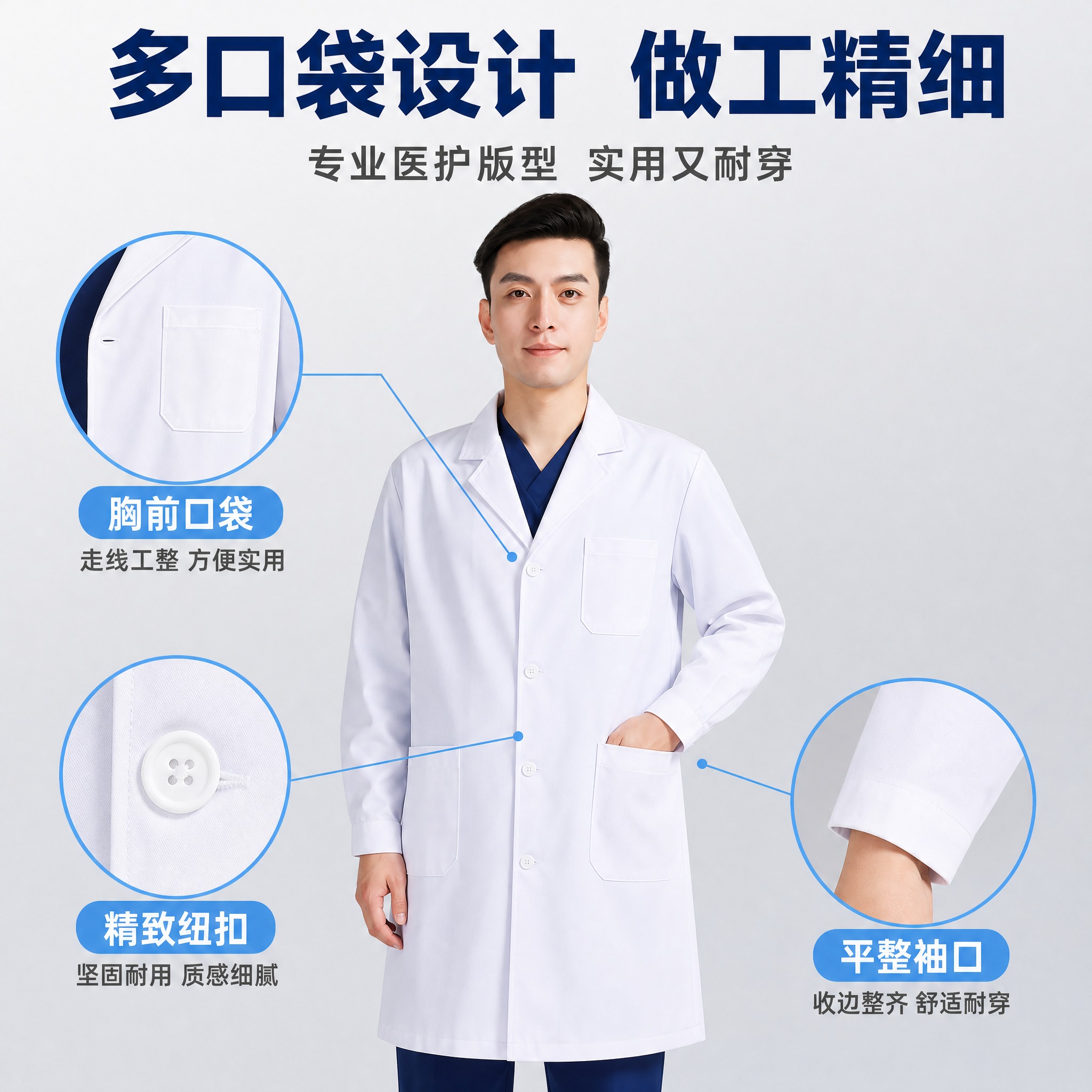 [主图-3] 科尼酷白大褂 细节做工与多口袋设计展示图 突出实… - 图片创意预览