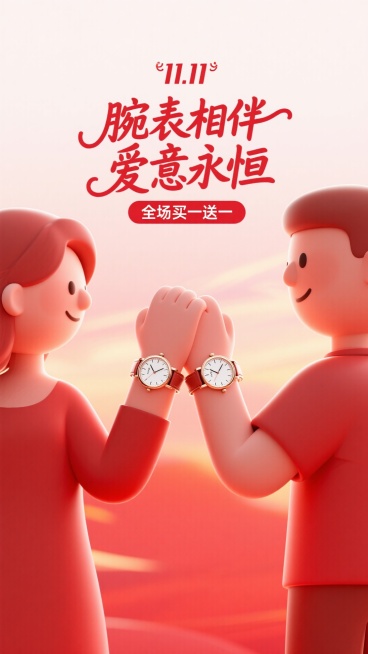 背景是柔和温暖的朱砂红色，如同晚霞。画面采用极简的剪影手法，聚焦于一对情侣的手腕特写，他们正在深情牵手，手腕上佩戴着同系列的对表。手表是画面中唯一有细节和光泽的实体，重点突出。
上面放着小一点的“11预览效果