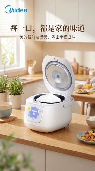 美的电饭煲产品宣传海报，将提供的电饭煲图片和美的logo融入设计，风格简洁现代，清新温馨厨房场景背景，突出产品，商业广告设计，高清质感预览效果