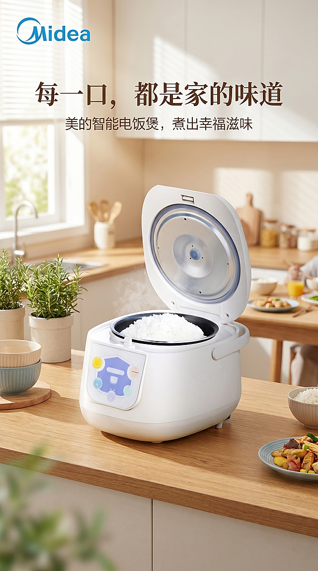 美的电饭煲产品宣传海报，将提供的电饭煲图片和美的logo融入设计，风格简洁现代，清新温馨厨房场景背景，突出产品，商业广告设计，高清质感