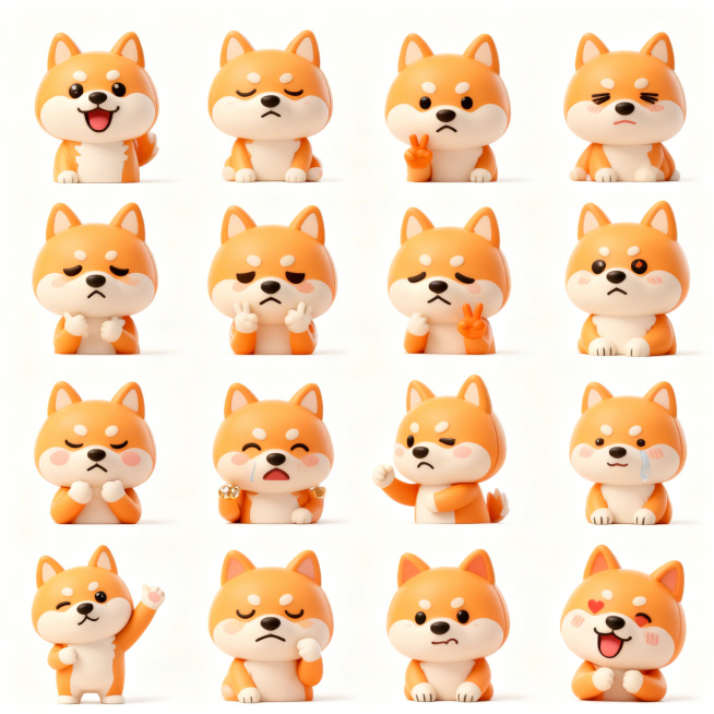 生成这款柴犬IP形象的多款可爱表情包，包含开心、难过、比耶、加油等不同表情动作，保持3D潮玩风格，简洁背景预览效果