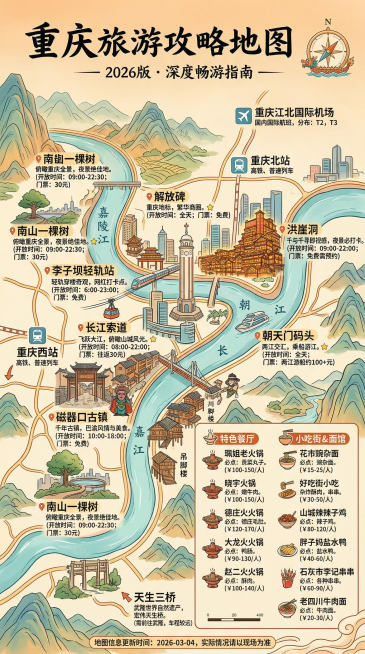 手绘风格重庆旅游攻略地图，9:16竖版，4K高清。严格按照真实地理布局标注：解放碑、洪崖洞、李子坝轻轨站、长江索道、磁器口古镇、南山一棵树、天生三桥等8个热门景点，每个景点用对应特色建筑剪影标注实际位预览效果