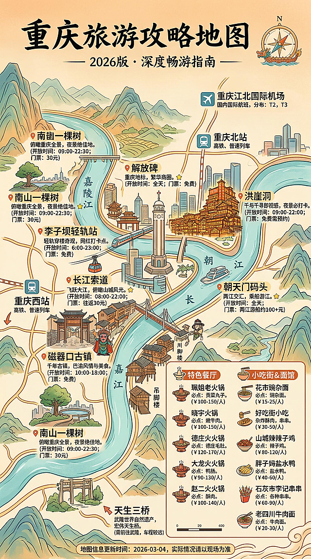 手绘风格重庆旅游攻略地图，9:16竖版，4K高清。严格按照真实地理布局标注：解放碑、洪崖洞、李子坝轻轨站、长江索道、磁器口古镇、南山一棵树、天生三桥等8个热门景点，每个景点用对应特色建筑剪影标注实际位置，配含开放时间、门票价格的1-2句真实介绍，用星级标注推荐程度；标注珮姐老火锅、晓宇火锅、花市豌杂面等12个真实美食店铺，分类为小吃街、特色餐厅，用对应食物手绘图标注，标注特色菜品和价格区间；标注重庆江北国际机场、重庆北站、重庆西站真实位置，用飞机、火车图标；添加指南针、示意比例尺；融入吊脚楼、川剧变脸等重庆特色元素，采用温暖明快色彩，标题用特色手写字体，正文清晰易读，重要信息醒目标注，底部注明"地图信息更新时间：2026-03-04，实际情况请以现场为准"