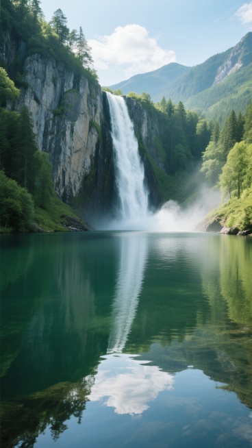 阳光明媚的山间，一道壮丽的瀑布从陡峭的岩石悬崖上倾泻而下，水流撞击底部形成白色水雾，周围环绕着茂密的绿色森林，瀑布下方是清澈平静的水潭，水面倒映着天空和周围的景色，整体呈现出写实的自然风光摄影风格，色彩鲜艳，光影清晰，营造出宁静而壮观的氛围。预览效果