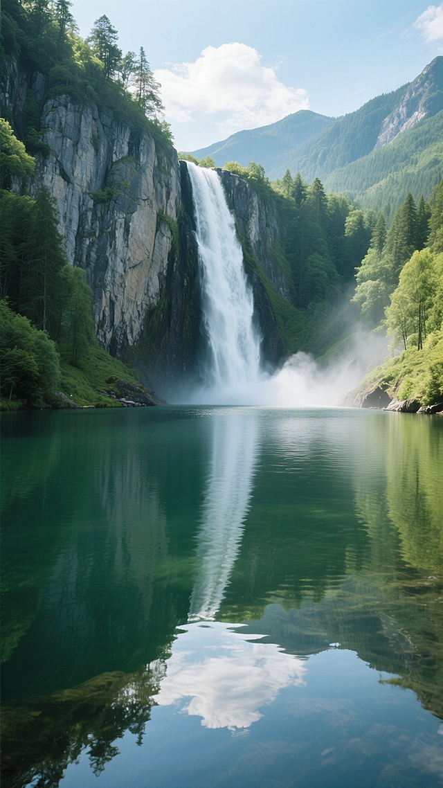 阳光明媚的山间，一道壮丽的瀑布从陡峭的岩石悬崖上倾泻而下，水流撞击底部形成白色水雾，周围环绕着茂密的绿色森林，瀑布下方是清澈平静的水潭，水面倒映着天空和周围的景色，整体呈现出写实的自然风光摄影风格，色彩鲜艳，光影清晰，营造出宁静而壮观的氛围。