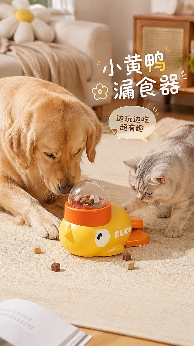 「图片1」这是我的产品，名称是新款小黄鸭宠物狗狗猫咪自动喂食器智能互动狗投食机猫咪漏食玩具，帮我生成4张小红书风格图片，主要是发布笔记推流用，做一张封面图，加上小红书风格的文案，3张产品使用图，尽量用猫跟狗的使用场景