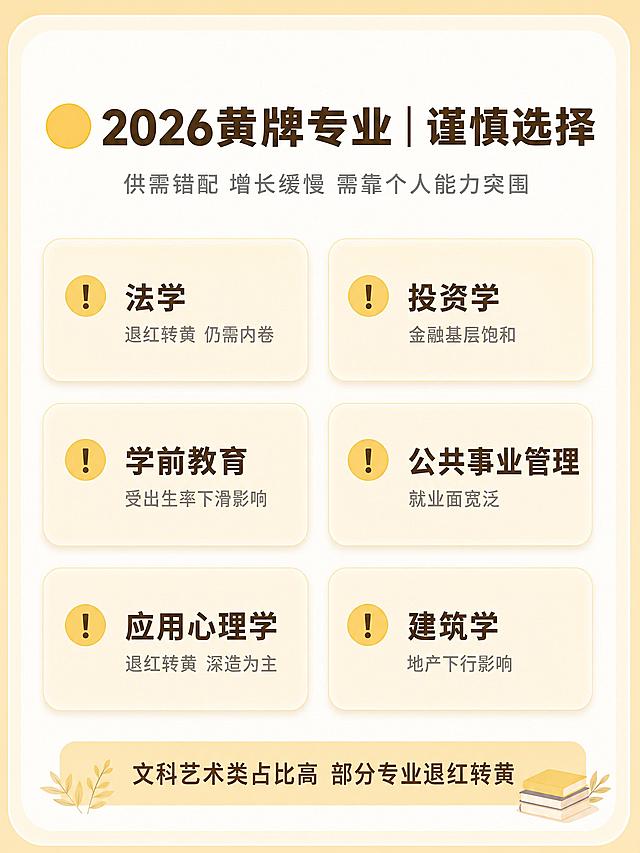 小红书图文内页，暖色调简约风，米白色背景，柔和圆角卡片，3:4竖版。顶部标题土黄色粗黑体：「🟡 2026黄牌专业｜谨慎选择」，副标题浅灰色小字：供需错配 增长缓慢 需靠个人能力突围。下方六个浅黄色圆角卡片，两列三行排列，柔和阴影，每张卡片左侧有黄色小感叹号：第一张：法学 退红转黄 仍需内卷；第二张：投资学 金融基层饱和；第三张：学前教育 受出生率下滑影响；第四张：公共事业管理 就业面宽泛；第五张：应用心理学 退红转黄 深造为主；第六张：建筑学 地产下行影响。底部浅黄色圆角条土黄色字：「文科艺术类占比高 部分专业退红转黄」。整体温暖柔和，黄色清新不刺眼，文字全部在安全区内。4K高清。