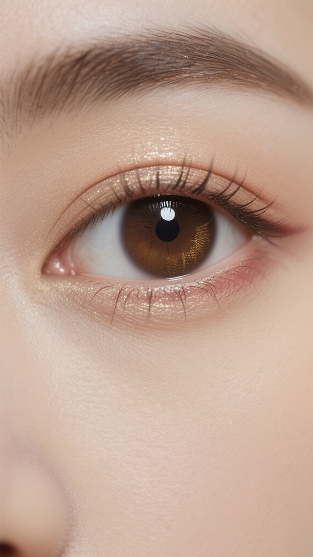 超写实人像摄影，特写镜头，聚焦于一只人类眼睛，极致清晰的细节，柔和均匀的自然光，高清晰度，浅米色细腻皮肤质感，深棕色自然眉毛，眉形精致边缘柔和，睫毛纤长浓密根根分明，眼尾微微上扬，眼白纯净通透，虹膜呈深棕色并带有细微的金色纹理，瞳孔中央有明亮的圆形高光，眼周肌肤光滑细腻，眼睑处有淡淡的珠光米色眼影，内眼角自然红润，改变眼睛造型为更圆润的杏眼，神态呈现温柔无辜的注视感，眼周纹理增加细腻的毛细血管和淡淡的卧蚕阴影，整体保持真实自然的人像风格，色彩柔和温暖，光影过渡自然，无logo和文字。