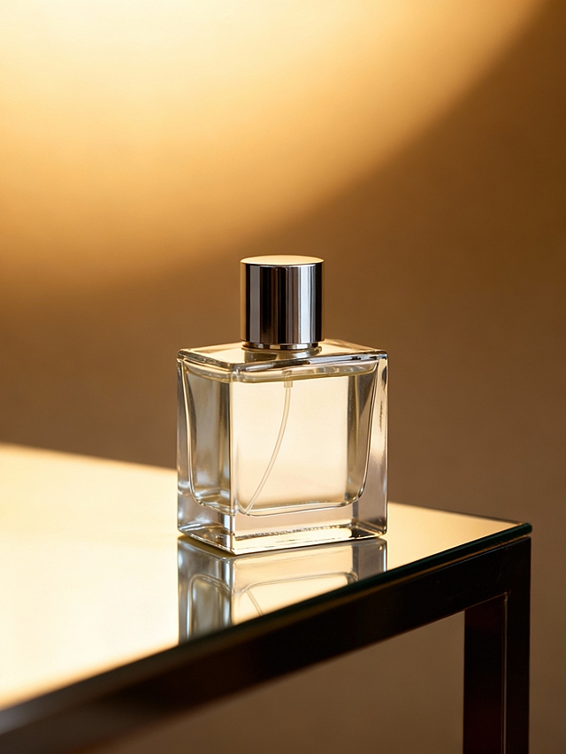 产品被置于镜面桌角上（产品占画面比约 40%），整体呈现暖棕金色渐变虚化，凸显精致奢华的暖调高级氛围感，柔和暖调侧光照明，保证产品溶图效果