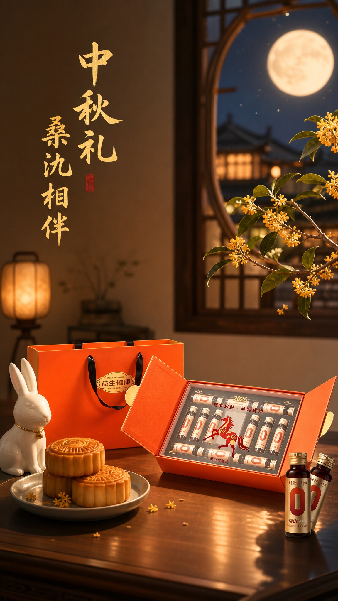 中秋节前预热海报，场景化风格，画面主体是桑氿益生菌植物饮橙色礼… - 图片创意预览