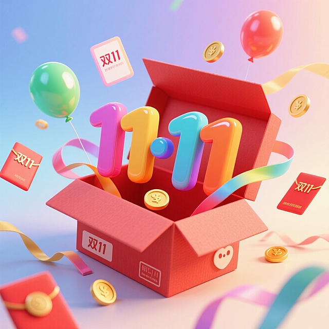 一个可爱的红色快递箱，箱内弹出彩色立体数字 “11·11”。周围环绕红包、写着“双11”的卡片、气球、金币、流动的彩色丝带等元素，背景为明亮的渐变光效
