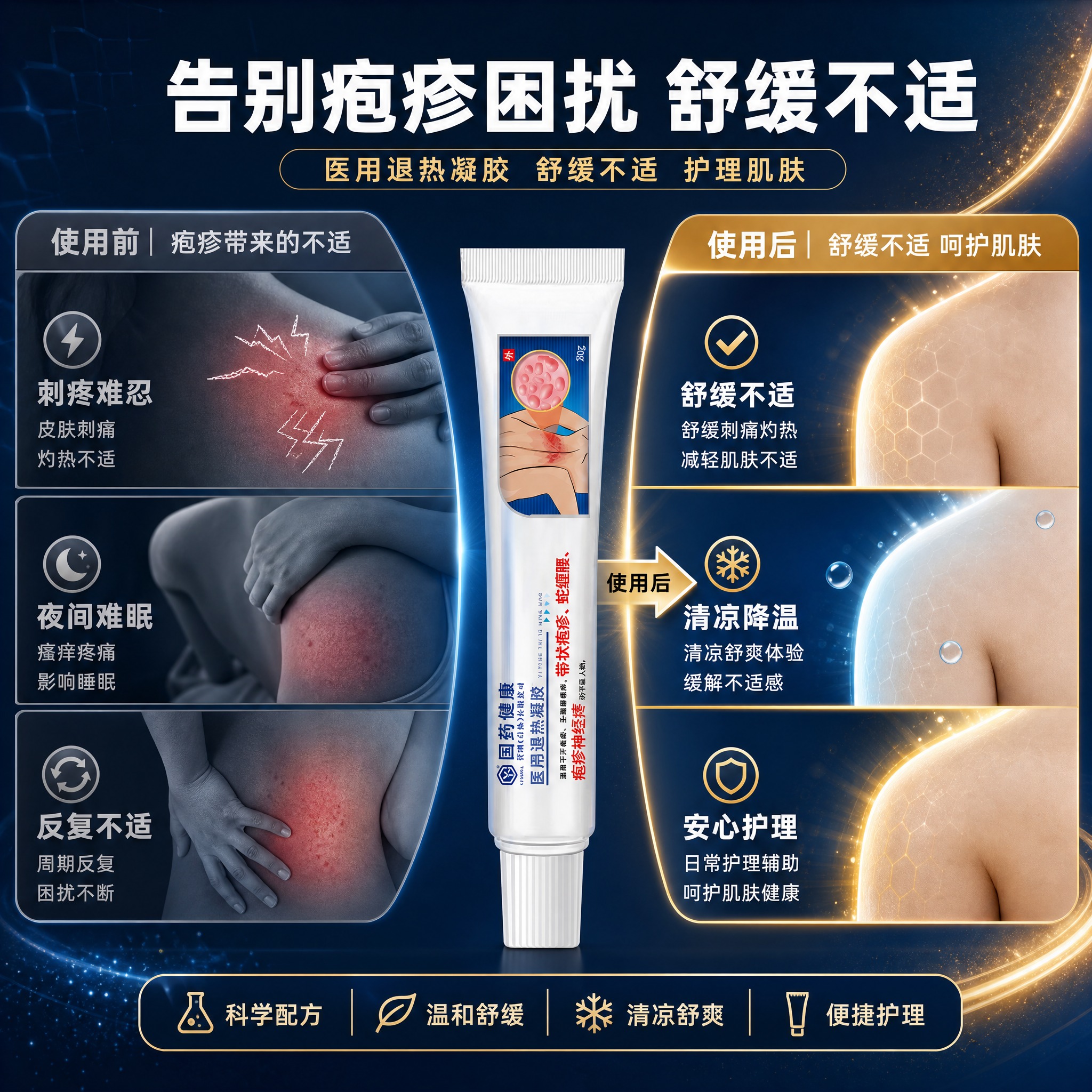 [主图-4] 痛点场景与产品解决方案对比，带状疱疹不适舒缓示意… - 图片创意预览