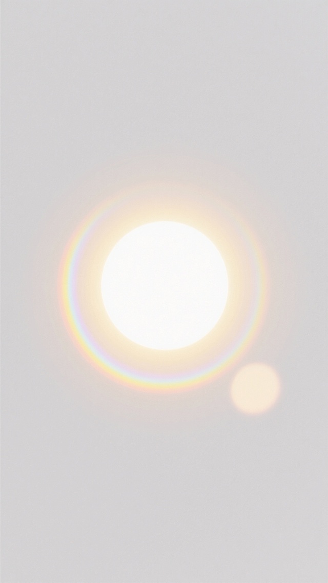 极简风格的太阳发光效果背景图，纯净的白色背景上，中心位置有一个明亮的圆形光源，光源中心为耀眼的纯白色高光，向外逐渐过渡为柔和的淡黄色光晕，光晕外围环绕着一层极淡的彩虹色边缘，呈现出自然的光谱渐变效果，右下角还有一个较小的、模糊的光斑作为点缀，整体光效柔和通透，色彩过渡自然，营造出温暖、明亮、干净的氛围，适合作为各类设计作品的背景元素。