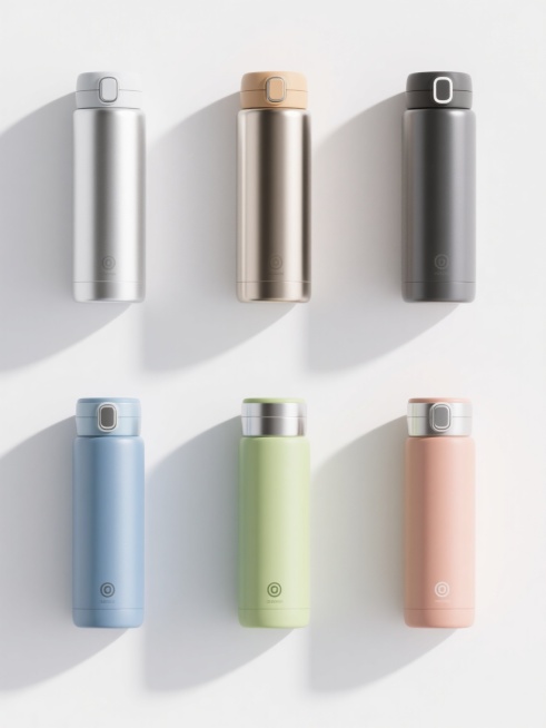 六个不同颜色不同款式的保温杯规整排布，保持简约现代风格，白色背景，无任何文字和logo，3D渲染，光滑金属质感，高反光表面，清晰阴影，极简设计，干净利落的线条，对称构图，每个保温杯具有独特的颜色和设计细节，整体画面简洁大方。预览效果