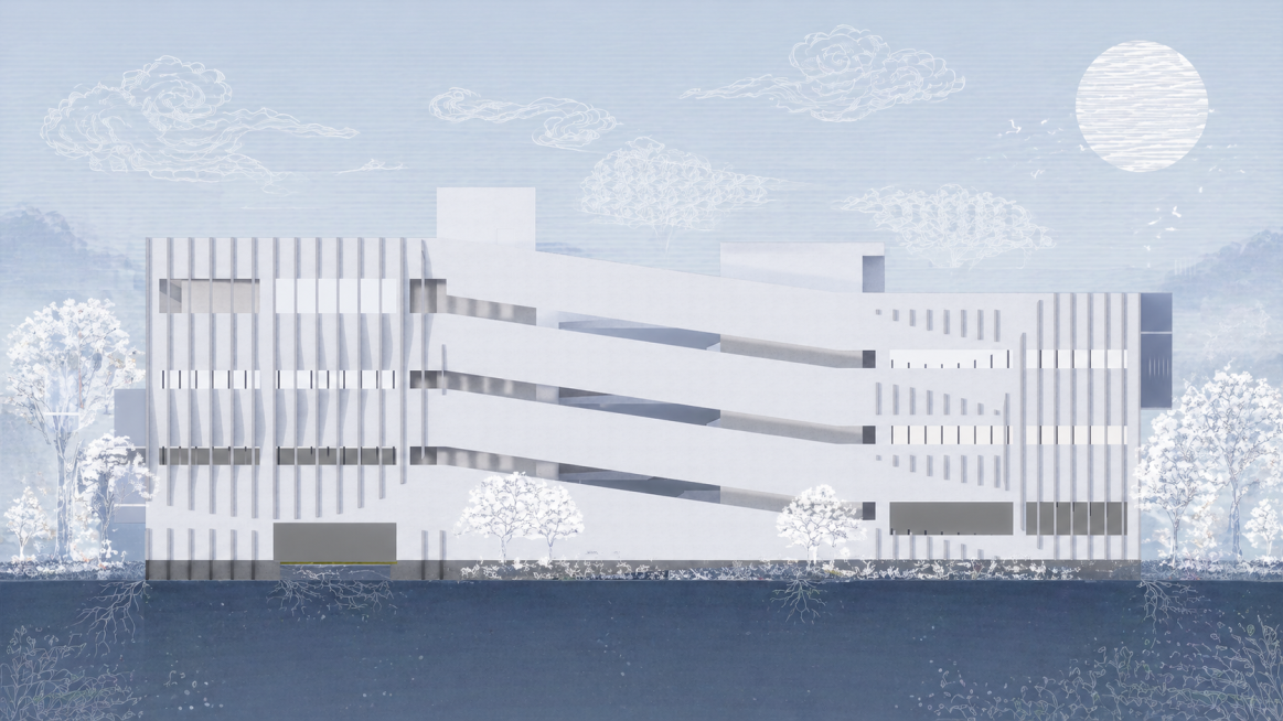 生成一张极具表现力的建筑立面拼贴插画，将图片色彩控制在雾蓝色、浅灰蓝色、白色、蓝灰线稿之内，不改变原图大小，让建筑与环境融合，营造出生态、环保且充满生机的氛围。背景处理带有浓厚的插画质感，天空部分铺陈预览效果