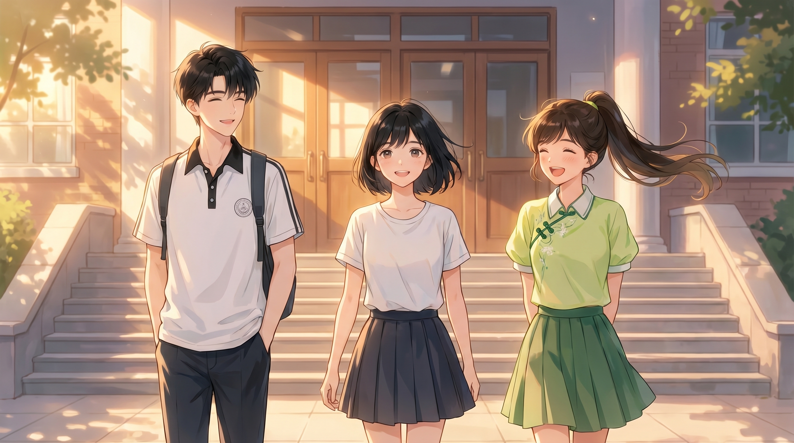 学校大礼堂门口，傍晚暖金色夕阳逆光，校园青春治愈氛围感，女主林… - 图片创意预览