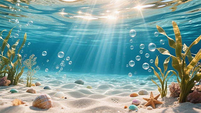 超写实水下场景，清澈透明的蓝色水域，阳光从水面穿透形成多束耀眼的金色光束，照亮整个画面，底部是细腻柔软、呈现自然波浪纹理的白色沙床，沙粒带有细微的反光质感，无数大小不一的气泡从下方缓缓上升，悬浮在水中，点缀着几株形态优雅的海草随水流轻轻摇曳，零星散布着色彩斑斓的小贝壳和海星，整体氛围宁静、纯净、梦幻，光影效果柔和且富有层次感，细节丰富，画面通透