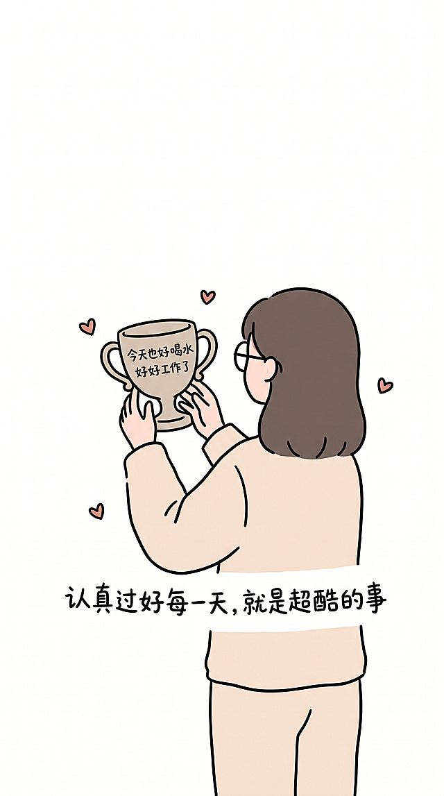 极简手绘卡通插画，可爱治愈风，简约粗黑线条平涂风格，低饱和度柔和配色，白色背景，穿家居服、戴圆框眼镜的软萌女生背影，双手举着印着 “今天也好好喝水 / 好好工作了” 的马克杯奖杯，旁边点缀简单的小爱心元素，手写体文字 “认真过好每一天，就是超酷的事”，整体画面干净清爽，线条圆润流畅，色彩明快干净，无多余元素，构图简洁居中，暖色调氛围，治愈系壁纸风格，无阴影无渐变，纯平涂质感，笔触松弛自然。