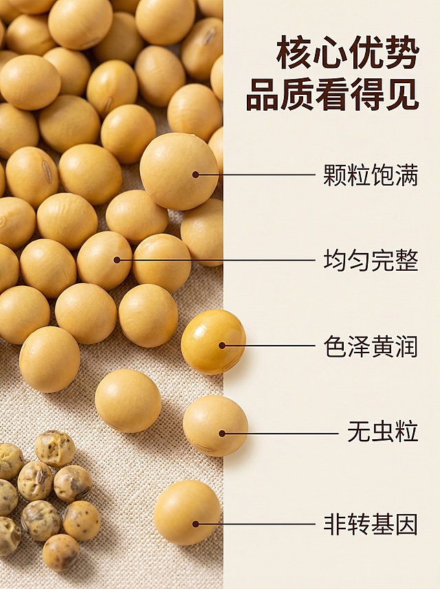 [主图主题] 黄豆核心卖点细节展示
[氛围/风格] 高级朴实风格，自然真实质感
[画面元素] 承接第一张主图风格，左半部分展示原图黄豆颗粒微距特写，右半部分用引线标注五大核心优势，背景为干净的浅米色亚麻布料，自然暖光，对比普通劣质黄豆凸显颗粒饱满均匀
[配色色系] 主色调：天然黄豆米黄，辅助色：亚麻浅米，深棕文字，对比清晰
[视角构图] 左图右文拼贴图，特写黄豆占据左侧约60%区域，文字信息布局右侧，层次分明
[文字版式] 主标题“核心优势 品质看得见”，五个引线标注分别连接对应黄豆颗粒：1.颗粒饱满标注，2.均匀完整标注，3.色泽黄润标注，4.无虫粒标注，5.非转基因标注，字体选用细体无衬线，引线纤细清晰，文字不遮挡主体，符合构图规范
[比例分辨率] 3:4比例，2k分辨率