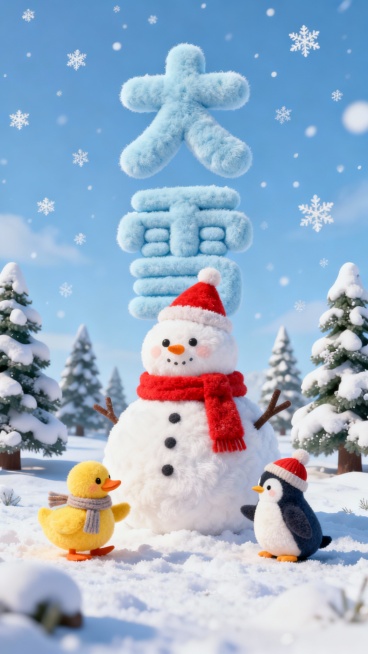 C4D毛绒海报设计。。一只小黄鸭戴着围巾、小企鹅（立体毛绒质感，饱满蓬松，膨胀毛感）戴着帽子在大雪人周围玩，大雪人戴着红色围巾和红色帽子。室外天空背景，飘着雪花，远处有几棵参差不齐的松树裹着雪，后面一预览效果