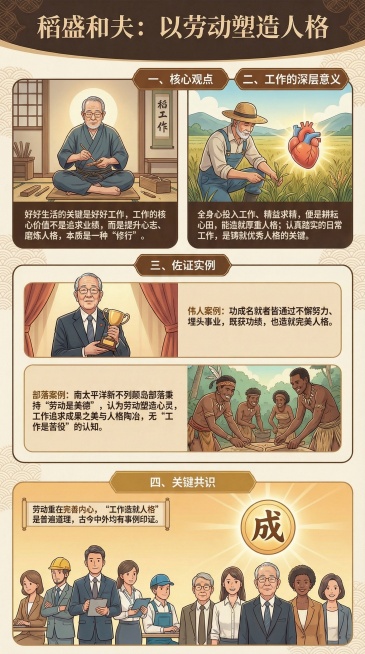 保留所有文字：稻盛和夫：以劳动塑造人格一、核心观点好好生活的关键是好好工作，工作的核心价值不是追求业绩，而是提升心志、磨炼人格，本质是一种“修行”。二、工作的深层意义全身心投入工作、精益求精，便是耕耘预览效果