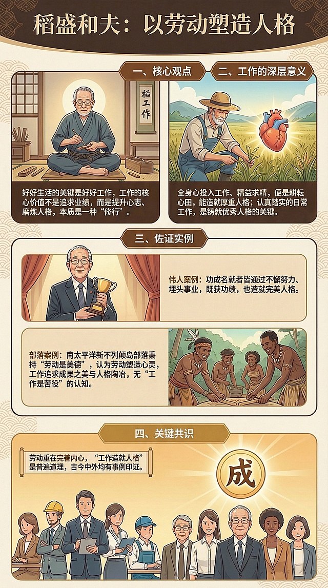 保留所有文字：稻盛和夫：以劳动塑造人格一、核心观点好好生活的关键是好好工作，工作的核心价值不是追求业绩，而是提升心志、磨炼人格，本质是一种“修行”。二、工作的深层意义全身心投入工作、精益求精，便是耕耘心田，能造就厚重人格；认真踏实的日常工作，是铸就优秀人格的关键。三、佐证实例伟人案例：功成名就者皆通过不懈努力、埋头事业，既获功绩，也造就完美人格。部落案例：南太平洋新不列颠岛部落秉持“劳动是美德”，认为劳动塑造心灵，工作追求成果之美与人格陶冶，无“工作是苦役”的认知。四、关键共识劳动重在完善内心，“工作造就人格”是普遍道理，古今中外均有事例印证。制作成排版精美、风格雅致的竖版长图，搭配契合内容的插画元素，色调温暖沉稳