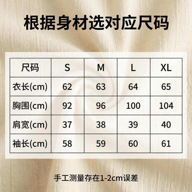 抖音小店尺码参考图，浅米色肌理感衬衫为背景，清晰展示尺码对照表，包含S/M/L/XL四个尺码，对应衣长、胸围、肩宽、袖长的具体尺寸数据，添加文案"根据身材选对应尺码"，下方标注"手工测量存在1-2cm预览效果