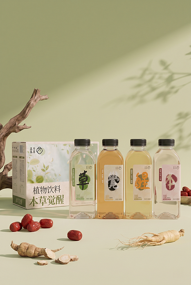 图片比例为2：3，四款饮品的大小过大要比箱子稍微小一些，摆放位置按照本/草/觉/醒的位置关系进行摆放