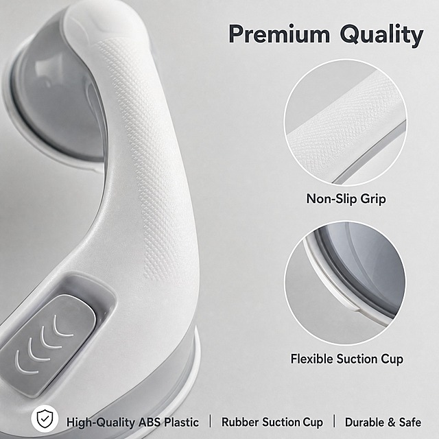 [主图-3] Suction Cup Safety Grab Bar 家用安全扶手，材质细节与防滑握感特写展示。
[统一基调] 浅灰色纯净背景，突出材质细节，高级感棚拍风格，文字用深灰色，强调色用白色高亮，整体干净克制。
[画面] 产品以特写视角呈现，重点展示握杆表面的防滑纹理和材质质感。画面左侧为产品主体局部放大（握杆中段+一端吸盘底座），占画面约60%。右侧有两个圆形局部放大窗口：上方窗口放大展示握杆表面的防滑纹理细节，标注 "Non-Slip Grip"；下方窗口放大展示吸盘边缘的软胶材质结构，标注 "Flexible Suction Cup"。底部有一行材质说明：高品质ABS塑料 + 橡胶吸盘，耐用安全。视角为侧面微距特写，突出材质的真实触感和做工细节。
[光影质感] 侧逆光勾勒产品轮廓，正面柔光补光，塑料表面呈现细腻哑光质感，橡胶吸盘呈现柔软弹性质感，防滑纹理凹凸分明有立体感，阴影柔和有层次。
[配色] 浅灰背景，产品白灰本色，局部放大窗口有细白边框，文字深灰，高亮处白色。
[文字版式] 右上角有小标题 "Premium Quality" 粗体无衬线字体；两个放大窗口下方各有一行英文说明文字；底部有材质标签。文字全部为英文，字体统一无衬线，字号层级分明。
[输出要求] 1:1正方形比例，细节清晰锐利，材质真实，无变形、无错字、无模糊、无水印、无中文。
