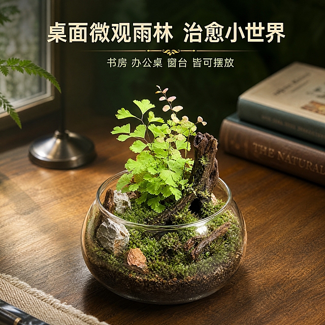 [主图-3] 柔情铁线蕨桌面微观造景场景展示（使用场景）。
[统一基调] 热带雨林真实自然质感，整体以深绿、墨绿、蕨类鲜绿为主色调，搭配湿润泥土的深褐色与柔和的林间漫射光；标题字色为米白或浅金，辅助字色为浅绿，强调色为暖金；字体为简洁现代无衬线粗体，字号层级分明；卡片与图标采用半透明深绿圆角轻底，整体风格真实摄影、微观造景、自然高级。
[画面] 柔情铁线蕨种植在一个小型玻璃生态瓶或陶瓷微景观盆中，摆放在原木书桌面上；主体（微景观整体）占比约60%，位于画面中央；微景观内除铁线蕨外，还有苔藓、小型石块、迷你枯木，构成完整的热带雨林微观造景；桌面背景虚化，隐约可见书籍、台灯一角，营造居家书房氛围；画面上方留出负空间放置标题；视角为45°俯视，展示完整的桌面造景效果；铁线蕨的外观、颜色、形态与输入图完全一致。
[光影质感] 真实居家环境摄影质感，柔和的室内自然光从左侧窗户打来，玻璃有轻微反光，植物叶片有自然光影，桌面有柔和投影，整体温馨治愈。
[配色] 主色木色与绿色，辅色土褐与米白，标题深绿或墨绿，整体温暖自然，适合居家氛围。
[文字版式] 画面上方横排主标题「桌面微观雨林 治愈小世界」，下方小字「书房 办公桌 窗台 皆可摆放」；文字放在画面上方负空间，不遮挡主体。
[输出要求] 1:1正方形，2K高清，场景自然真实，产品清晰；负向：变形、错字、模糊、杂乱、水印、平台Logo、人物面部、穿模、悬浮、塑料假花感。