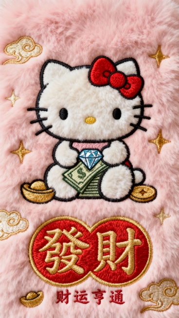 一幅以发财为主题的毛绒质感刺绣壁纸，整体采用淡粉色毛绒布料为背景，主体是一只坐着的Kitty猫，戴着红色蝴蝶结，身下绣有钞票、钻石等元素。下方是红色的“發財”二字，采用圆润可爱的字体，非书法体，边缘绣预览效果