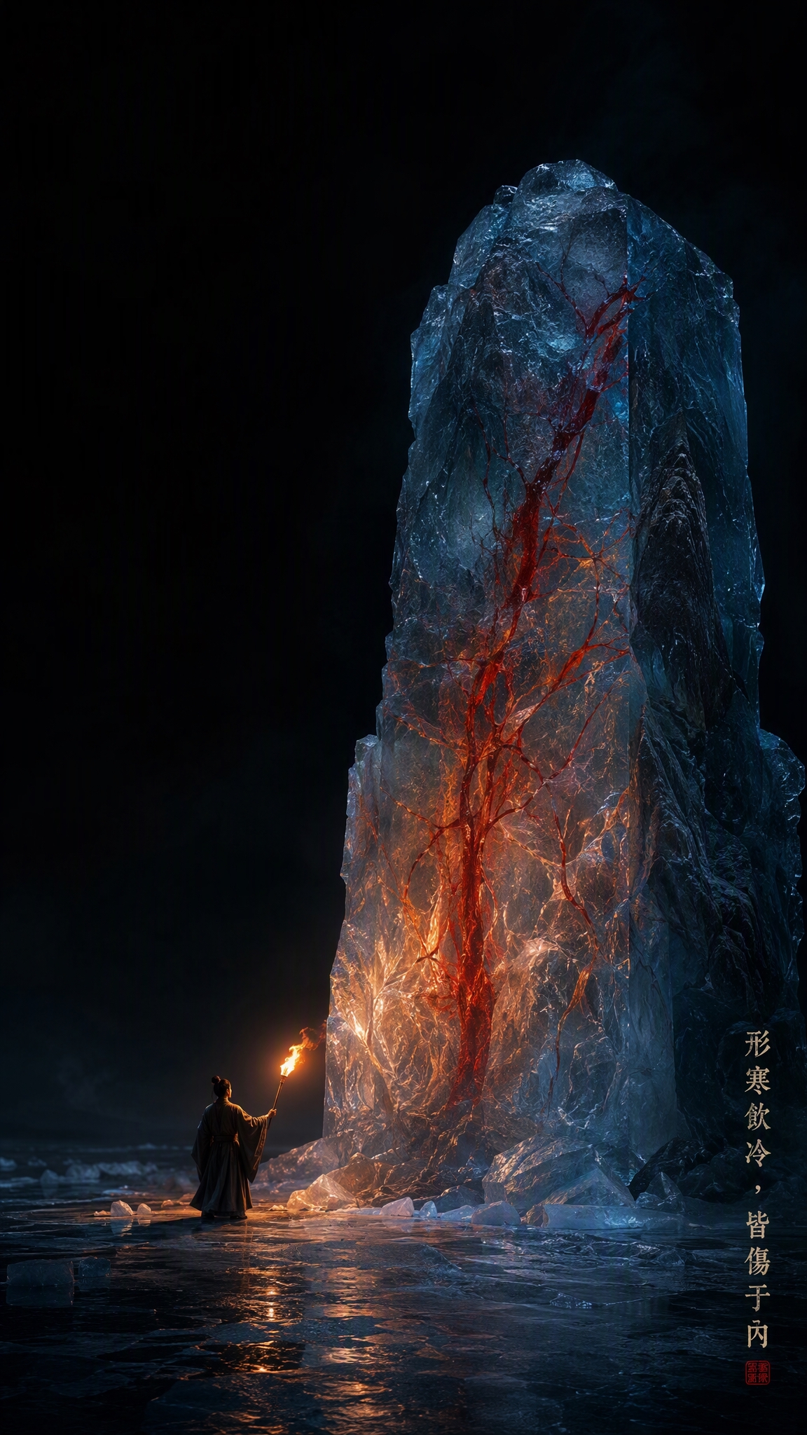 超写实摄影风格，国风神话场景，强烈光影对比。画面中一块巨大的冰… - 图片创意预览